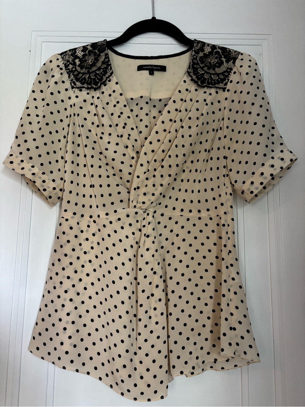Nanette Lepore Cream Polka Dot Lace-Shoulder Wrap Blouse